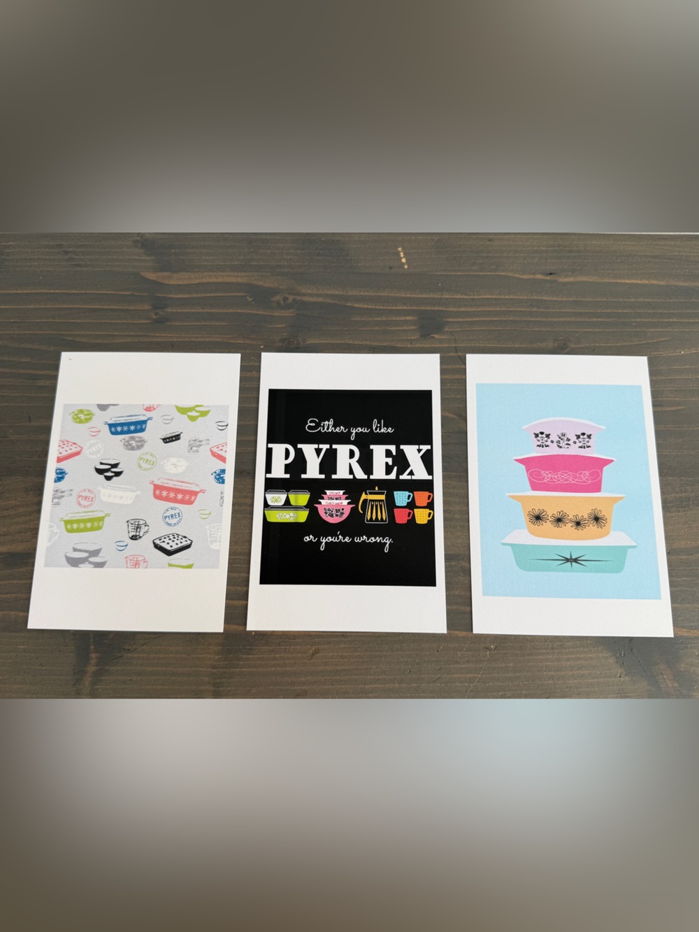 3 new high quality paper Pyrex postcards
